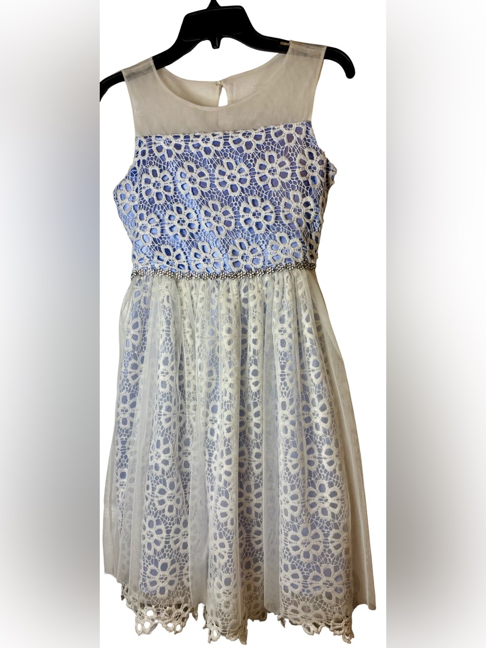 Rare Editions Blue Lace and White Tulle Party Dress with rhinestone accents
